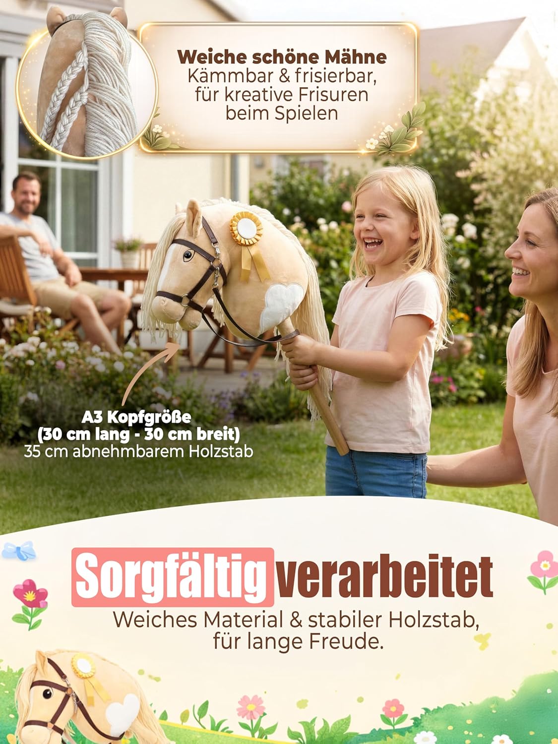 Handgefertigtes Hobby Horse Stockpferd für Kinder, Beige & Weiss