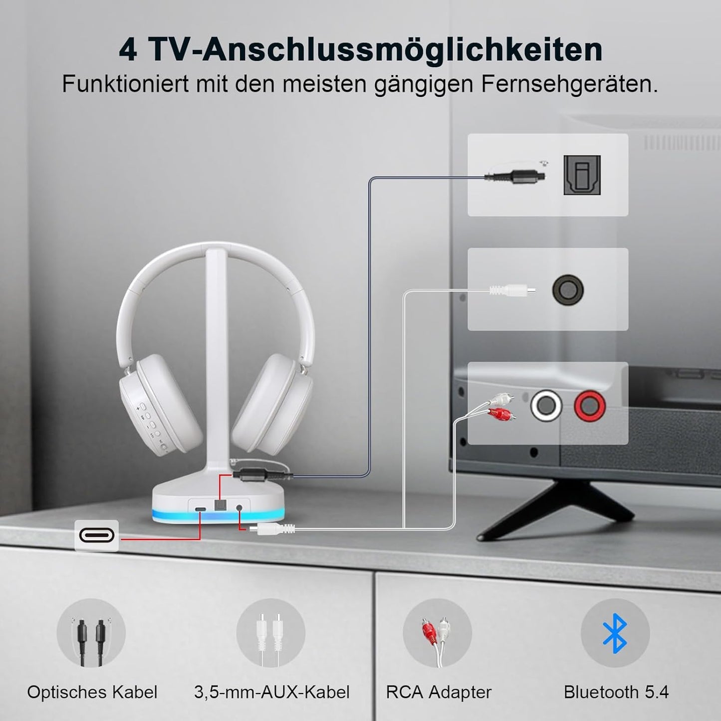 Kabellose TV-Kopfhörer mit Sender-Ladestation, silberweiss