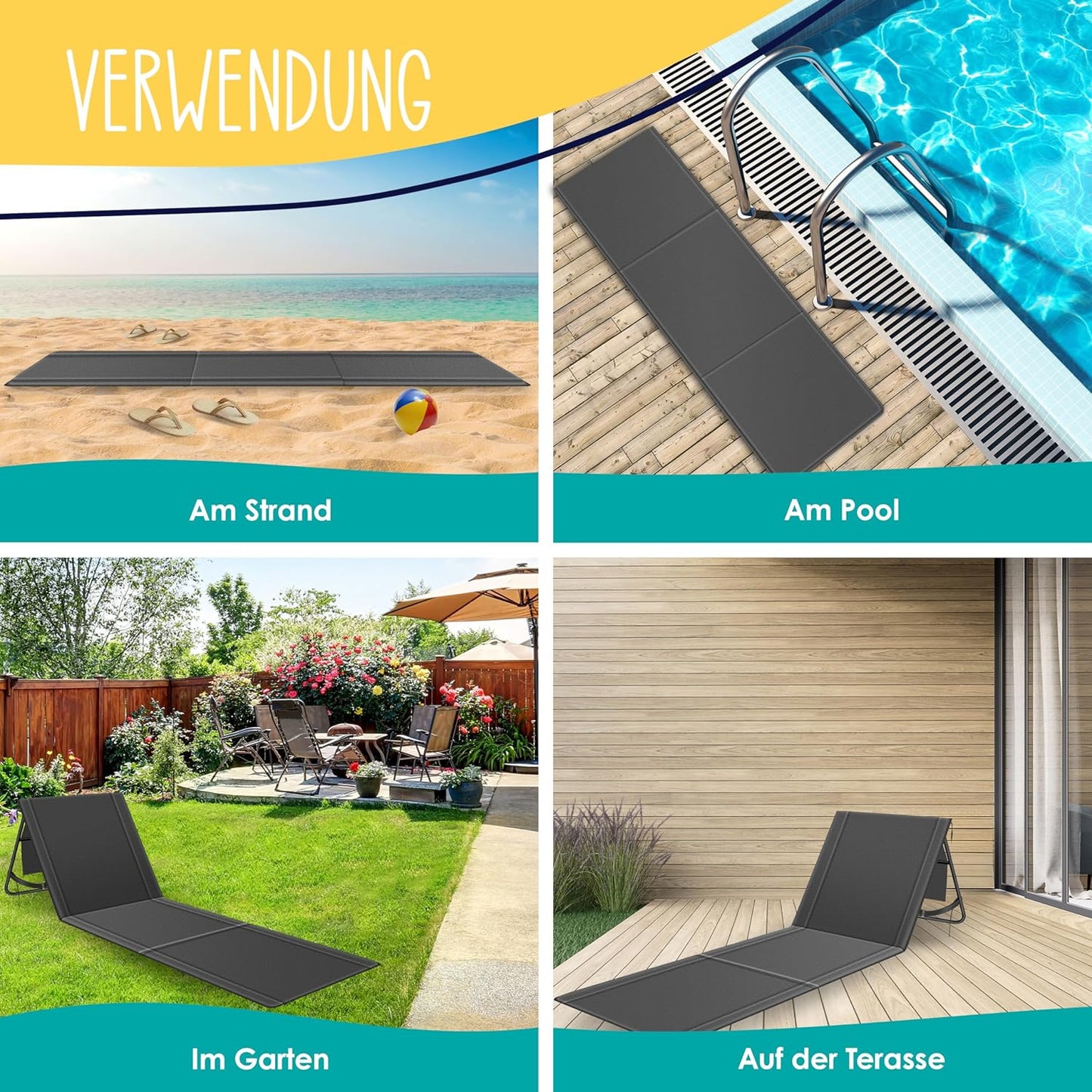 Klappbare Strandmatte mit verstellbarer Rückenlehne und Tragegurt, 1 Stück Anthrazit