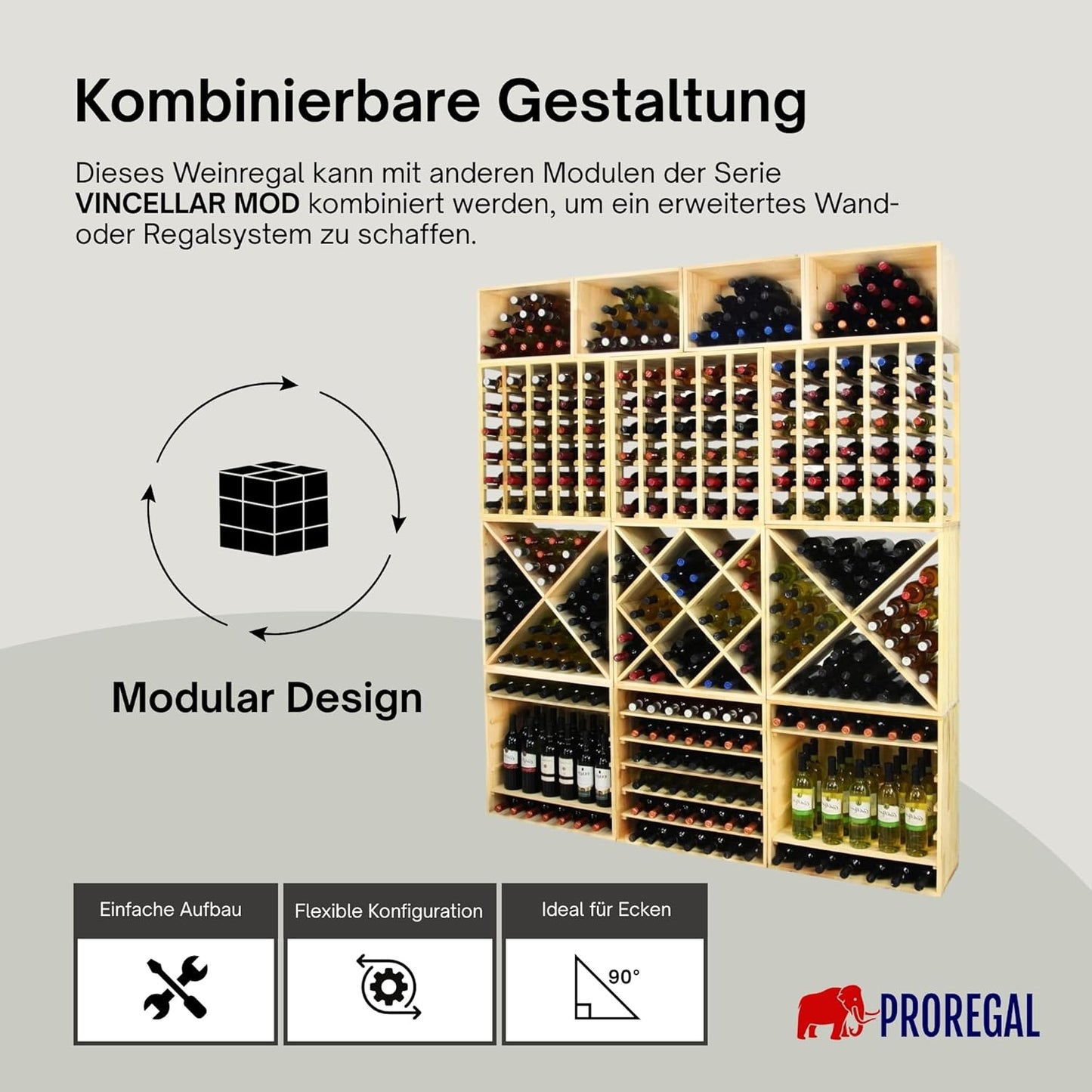 Modulares Weinregal für 40 Flaschen, Kreuz Modul für 40 Flaschen Kiefer Natur