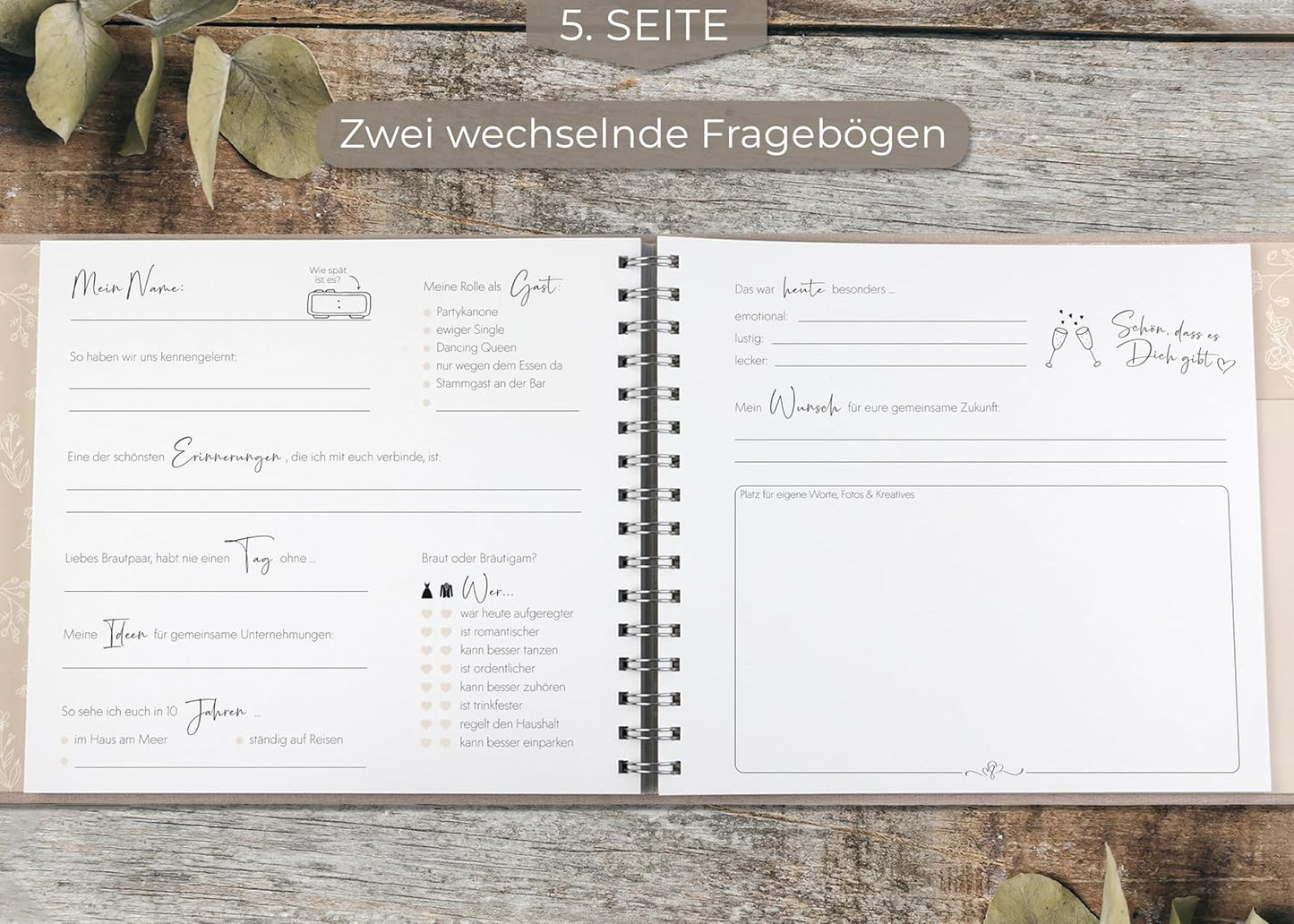 Gästebuch für Hochzeiten, mit Fragen Sandbeige