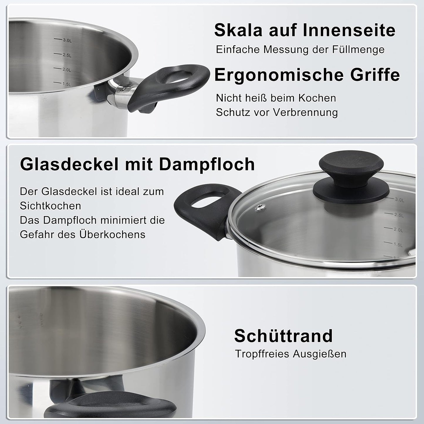 Topfset Induktion mit Glasdeckel und kühlen Griffen