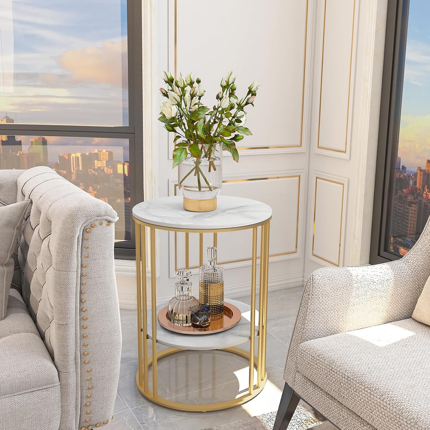 Couchtisch mit 2 Ablagen, rund 40×54cm, Gold
