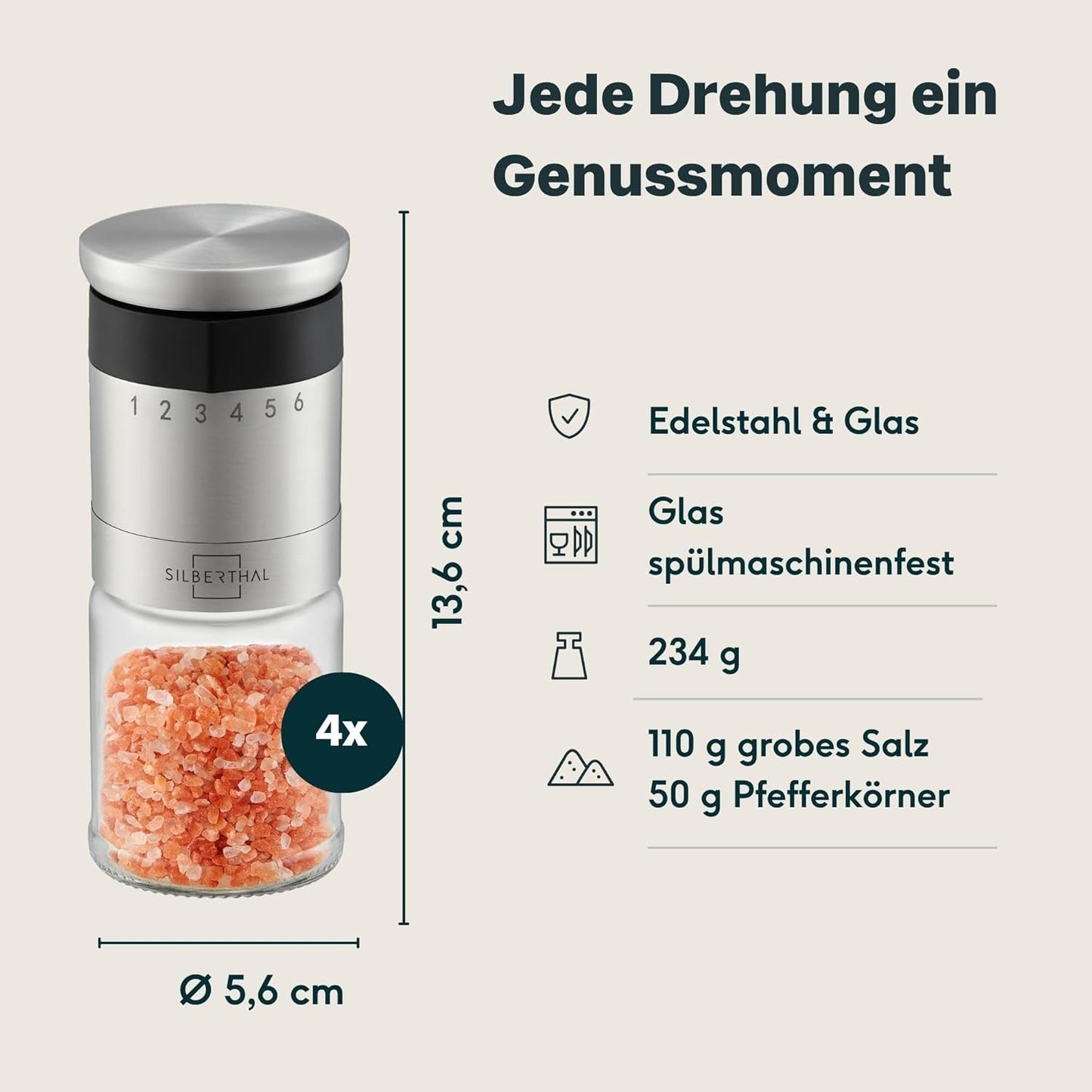 4er-Set Pfeffer- & Salzmühlen, 4er Set Mahlgrad aussen
