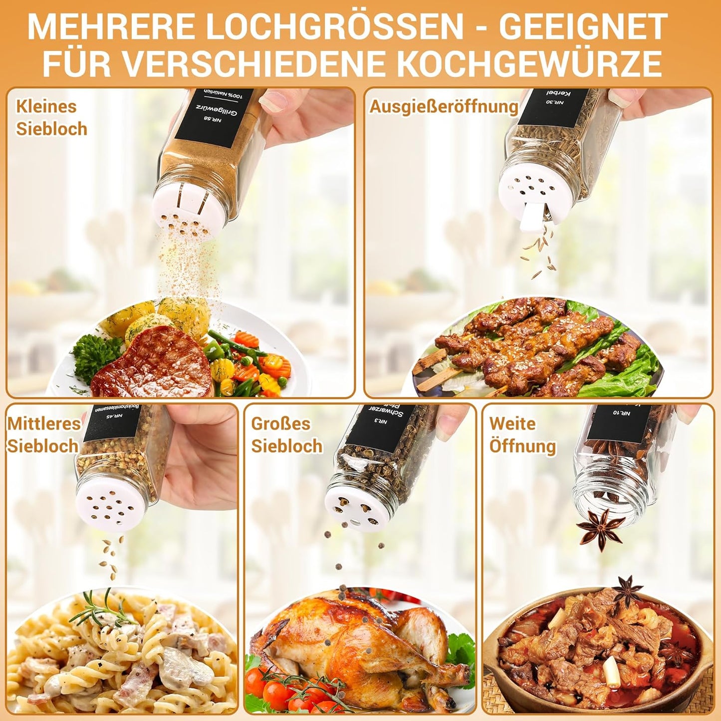 24-teiliges Gewürzgläser-Set mit Streueinsätzen, Etiketten und Deckeln