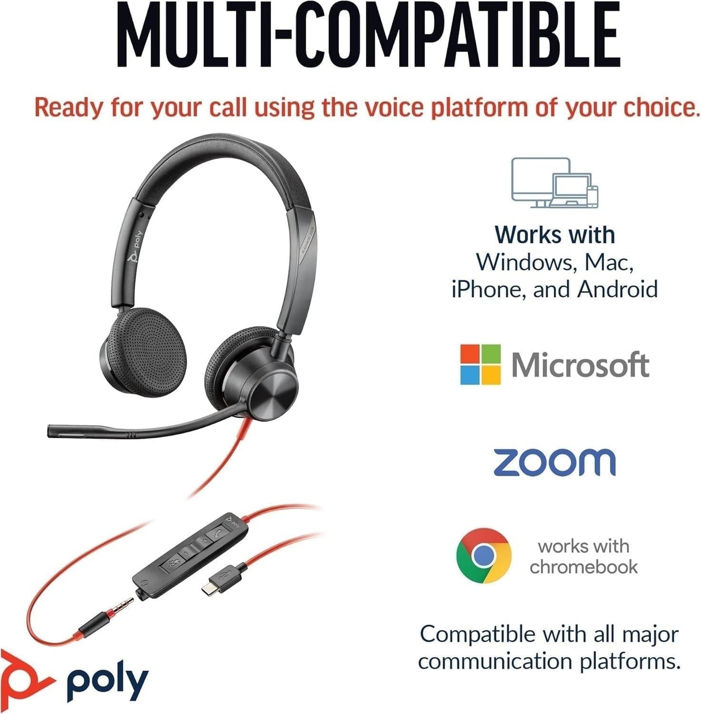 Headset, Blackwire, 3325, Bw3325 Usb-C, Usb C/A Adapter, Ecomm Standard