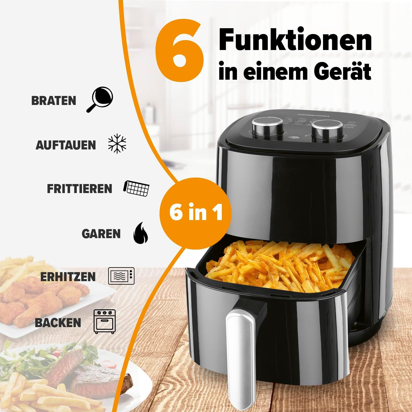 Heissluftfritteuse mit Timer und 6 Funktionen, 3,1 Liter