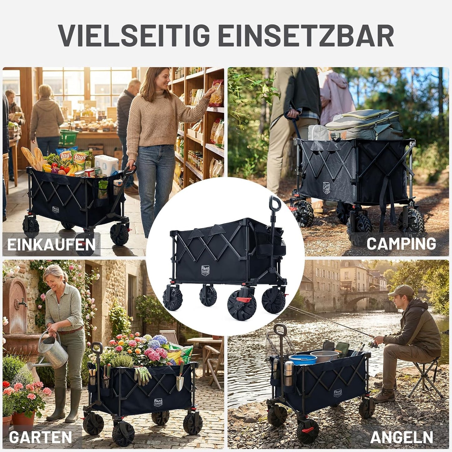 Faltbarer XXL-Bollerwagen mit Bremsen, Schwarz
