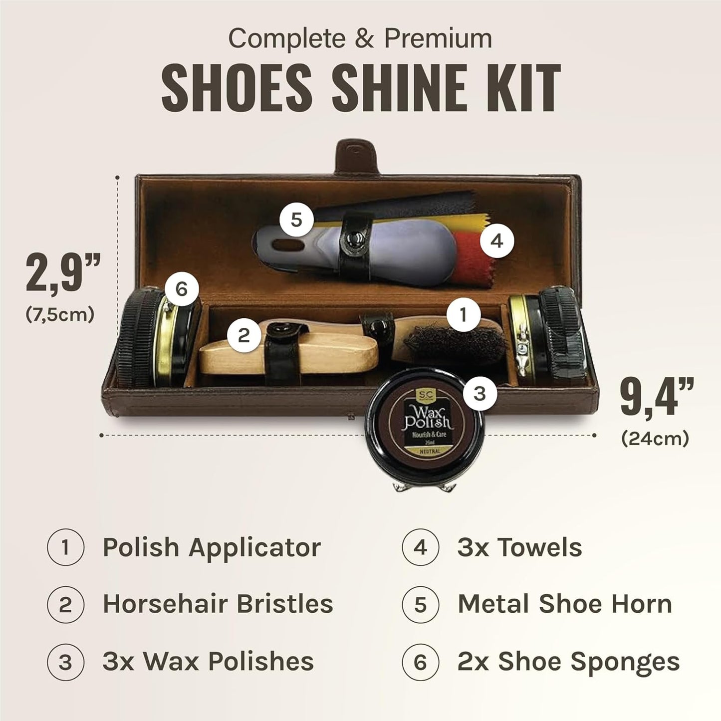 Schuhpflege-Set mit Rosshaarbürsten, Dunkelbraun-kit