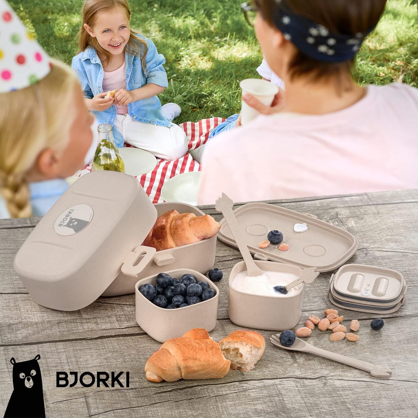 Bento Box für Kinder mit Namenssticker, Pastell Beige