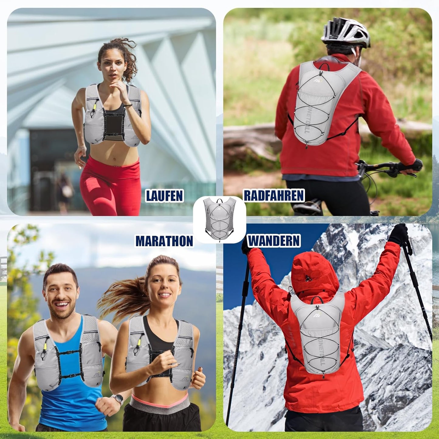 Laufweste mit Trinksystem (2L Blase, 500ml Flasche), hellgrau mit 2L Trinkblase