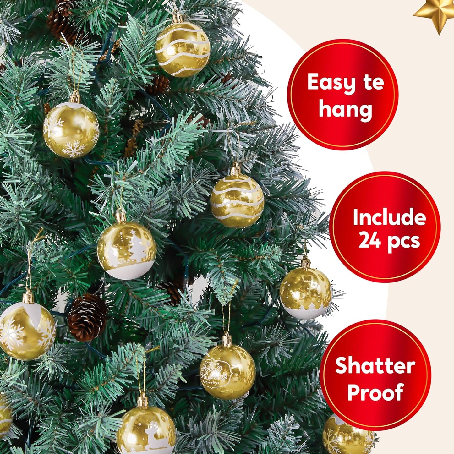 Weihnachtskugel-Ornament-Set, bruchsicher, Gold 24