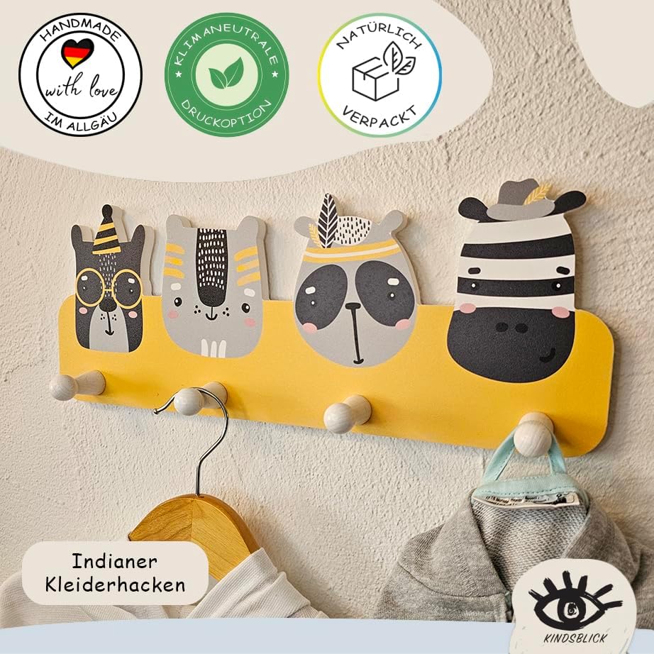 Kindergarderobe mit 4 Haken & A4 Poster, Indianer Senfgelb