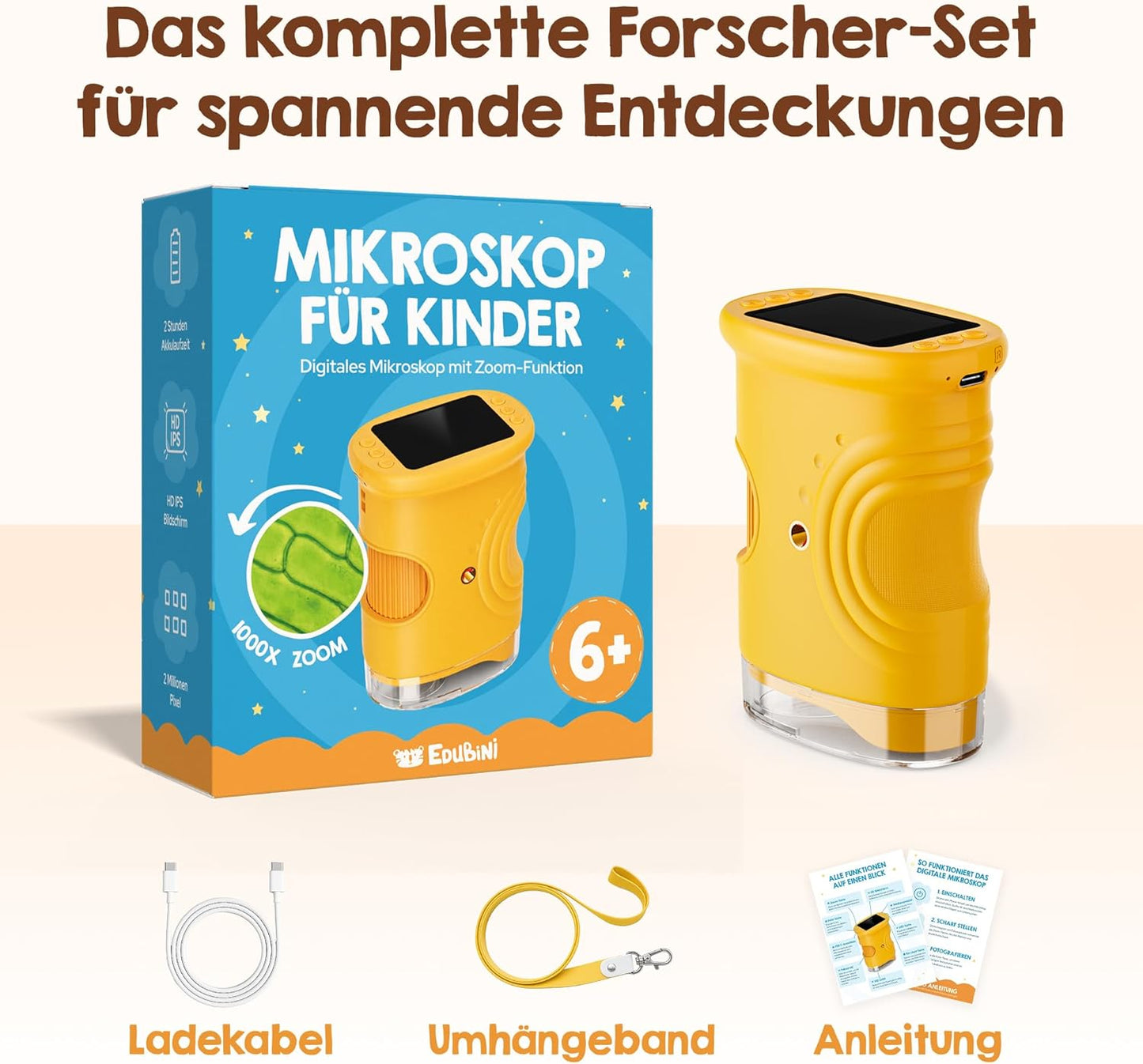 Digitales Kinder-Mikroskop mit HD-Bildschirm, Gelb