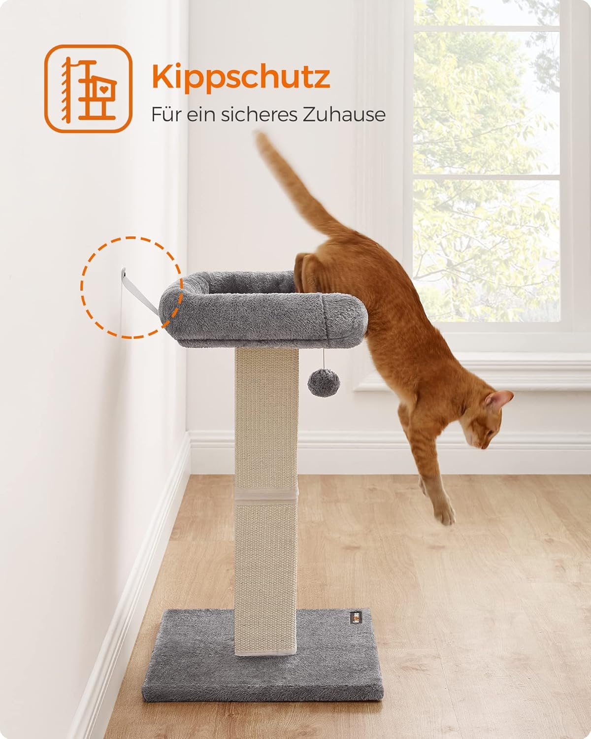Katzenkratzbaum mit Sisalsäule und Plüschball, Hellgrau