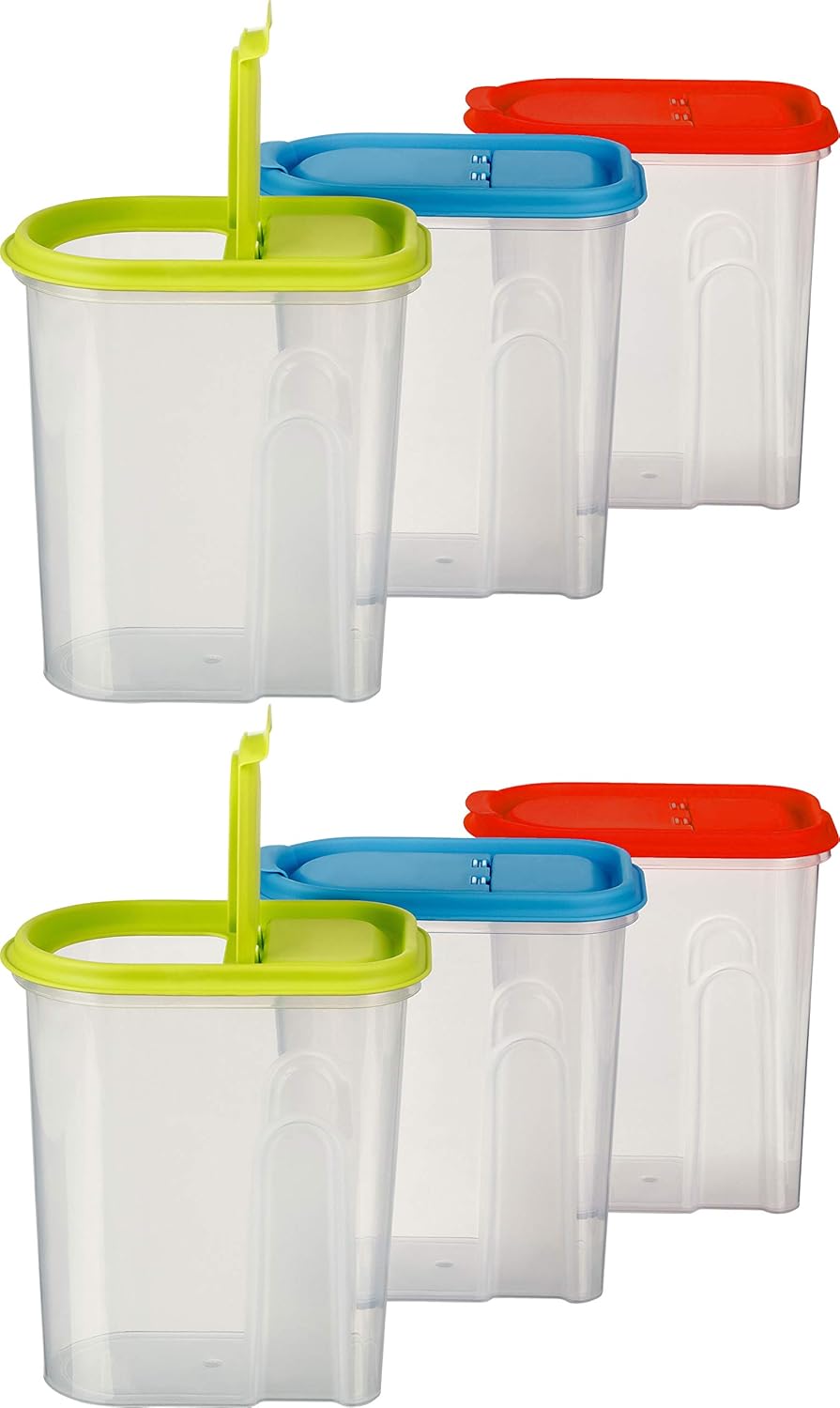 6er-Schüttdosen-Set für Müsli, luftdicht, spülmaschinen- & gefriergeeignet, mikrowellentauglich, 2l Grün/Blau/Rot (6stk)