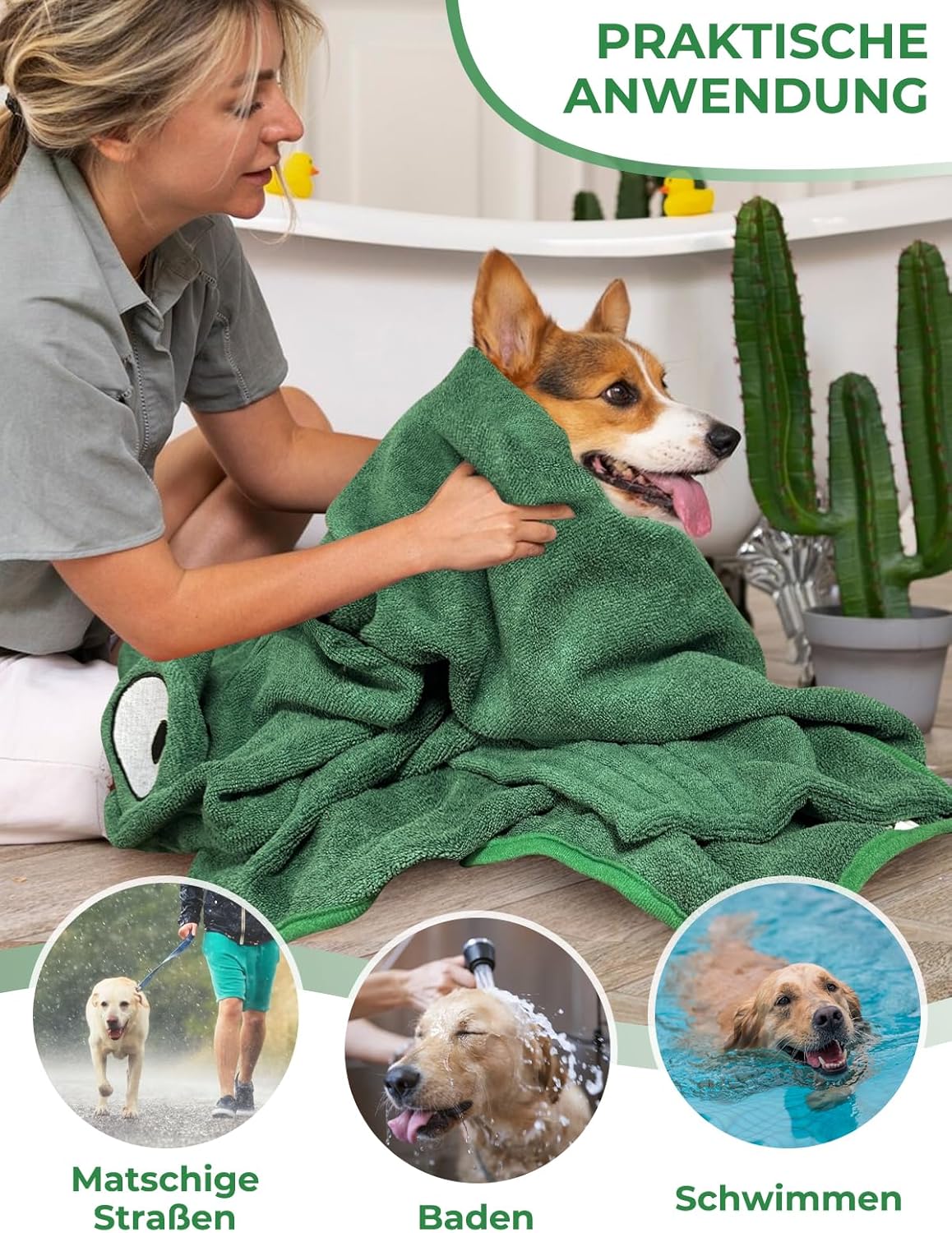 Hundebademantel aus Mikrofaser, L Grüner Frosch