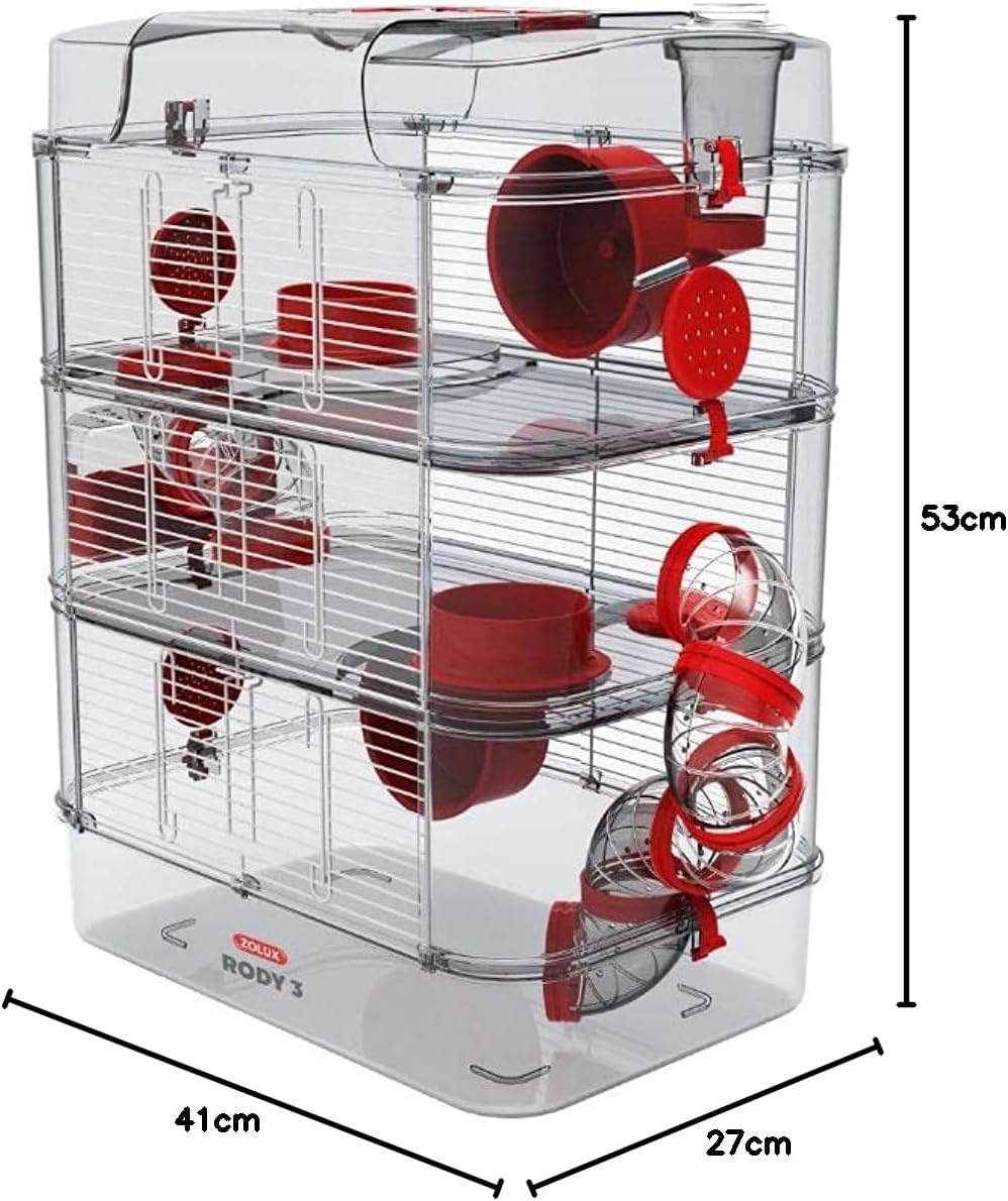 RODY 3" Trio Hamsterkäfig, Rot, L 53 x B 27 x H 53 cm