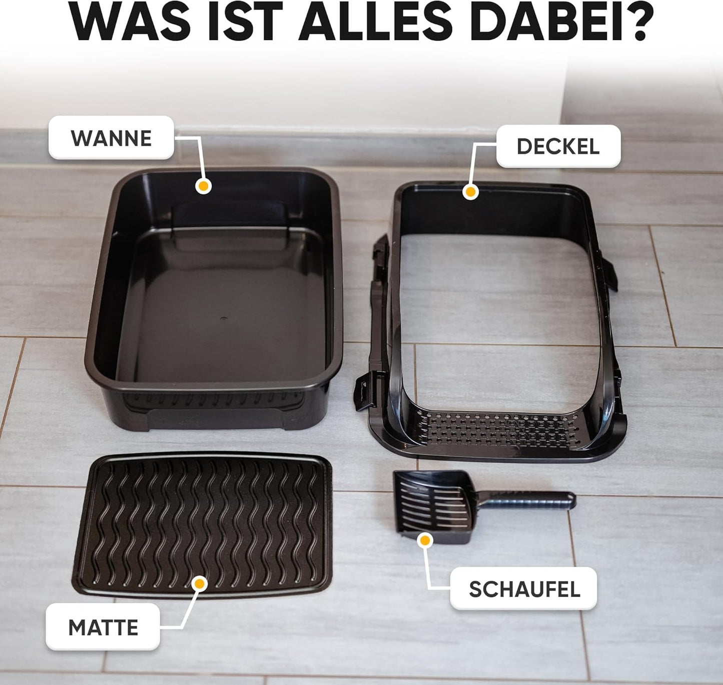 Katzentoilette mit hohem Rand, Schaufel und Streumatte, offen schwarz