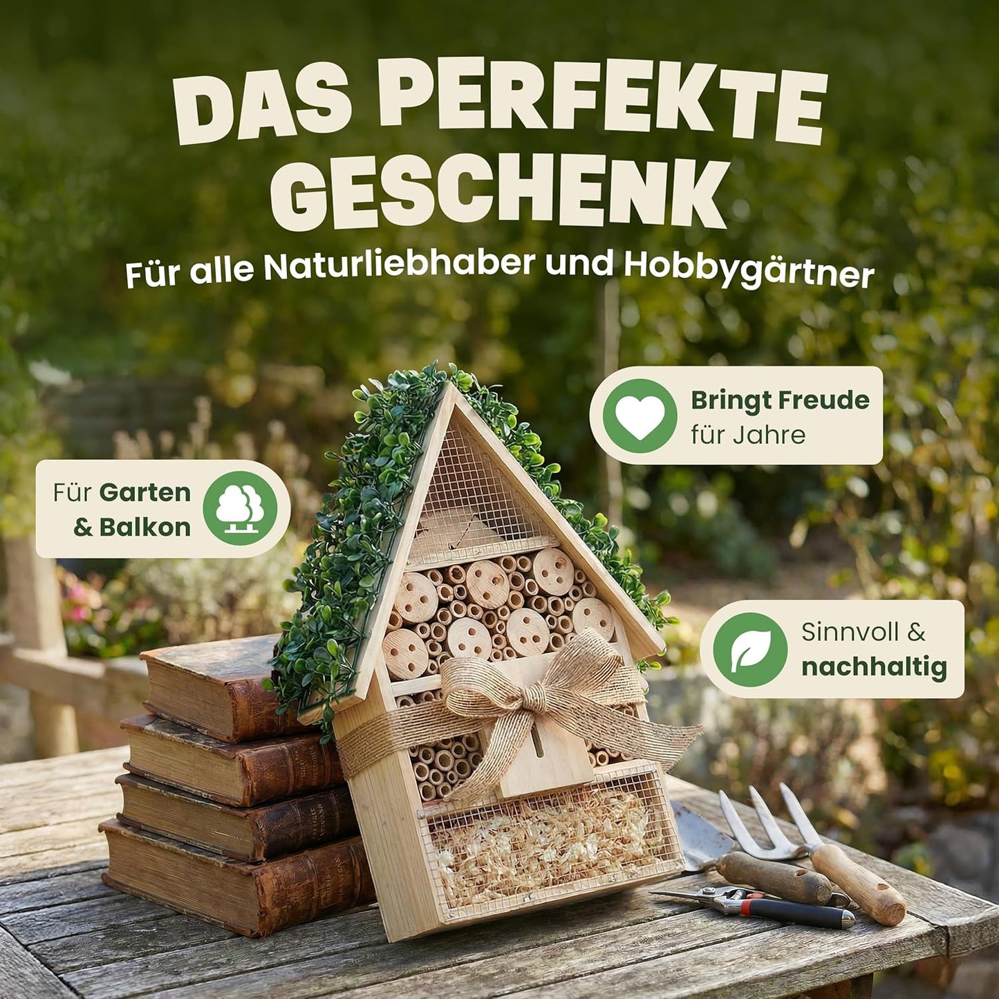 Insektenhotel XXL mit Bambus Röhrchen (39 cm), XXL Insektenhotel – Efeu Dach (39 cm)