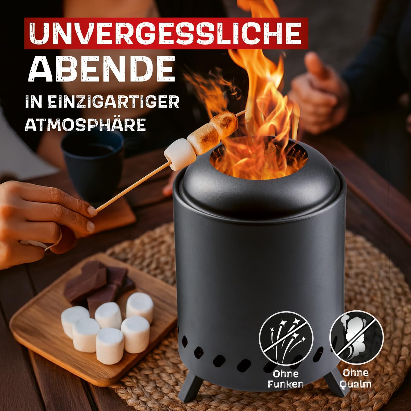 Rauchfreie Feuerschale für Garten & Camping, Höhe 26 cm