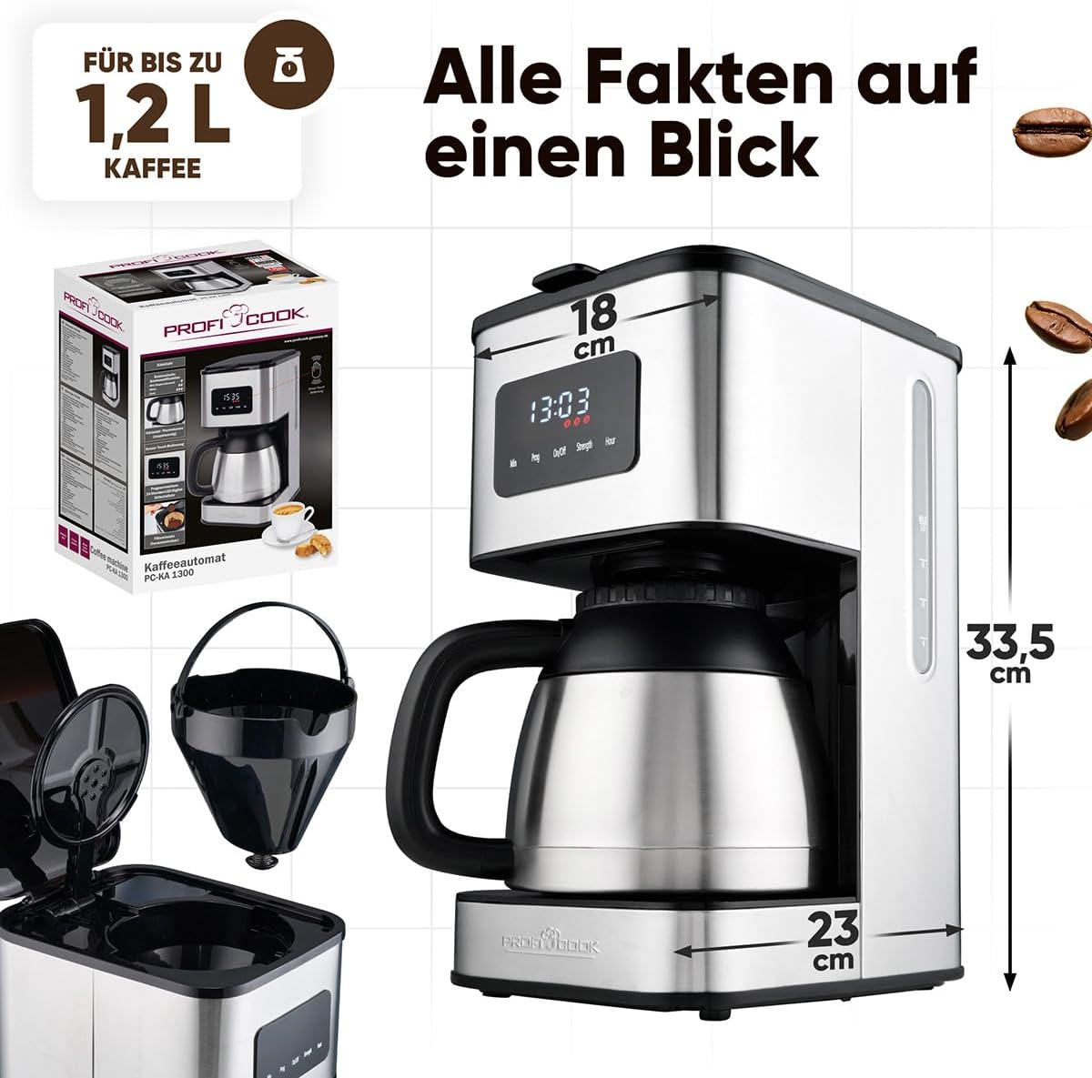 Kaffeemaschine PC KA 1300 mit Thermoskanne und Aromawahl, Edelstahl