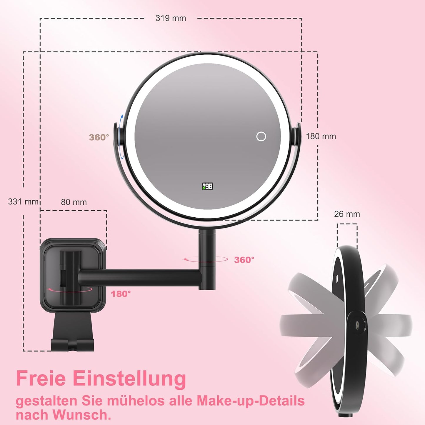 Wandkosmetikspiegel mit Beleuchtung und Vergrösserung, 360° Drehbar