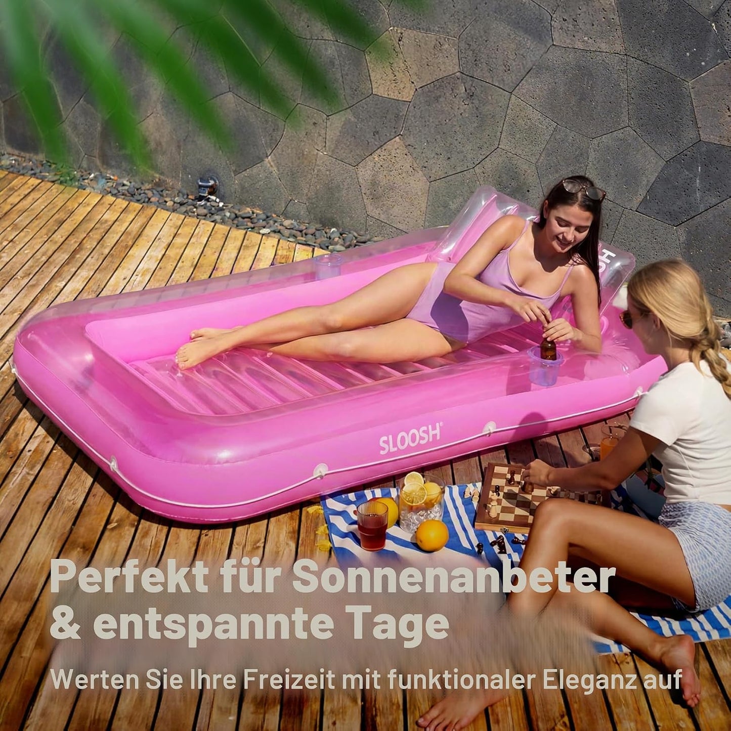 Aufblasbarer Sonnenpool mit abnehmbarem Kissen und Getränkehalter, Rosa XL