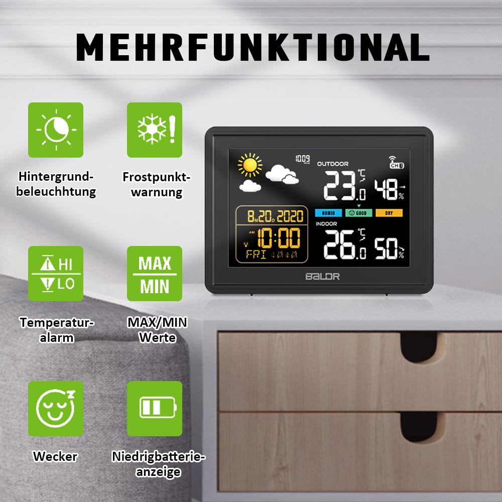 Wetterstation mit Funkuhr und Aussensensor, Schwarz