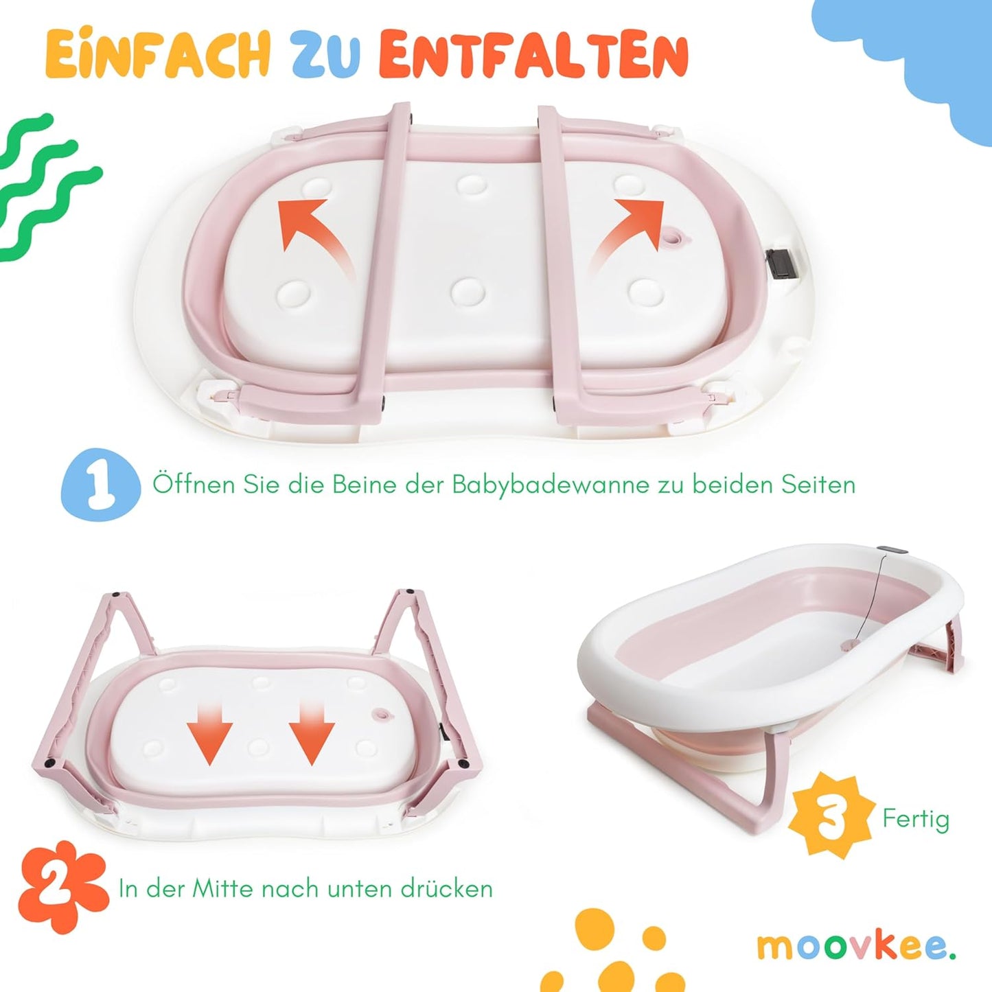 Babybadewanne mit Gestell und Badesitz, Rosa mit Ständer und Badesitz
