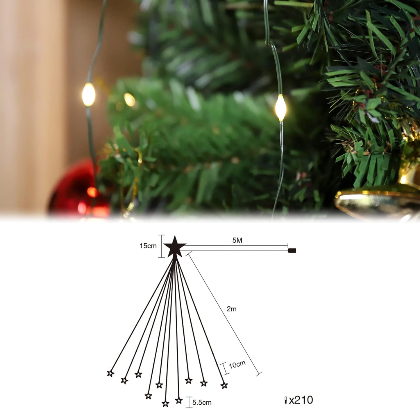 Christbaumbeleuchtung mit 10 Girlanden und 1 Weihnachtsbaumspitzestern, Warmweiss Sternspitze Usb 2m