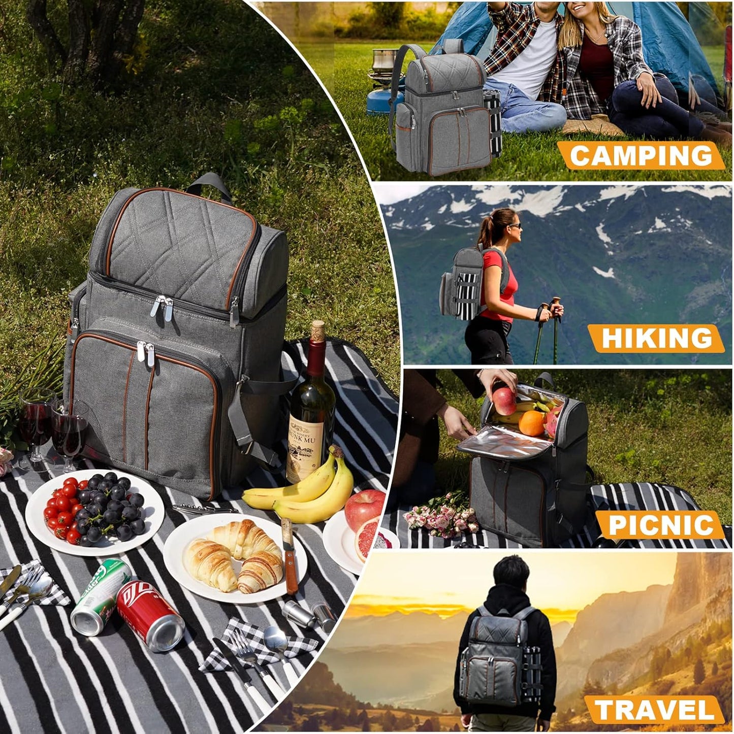 Picknick-Rucksack für 4 Personen mit Zubehör, Grau