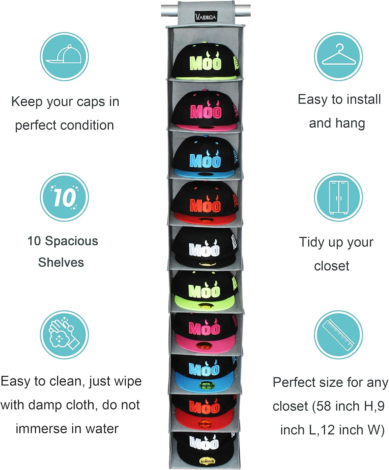Hutablage & Kappen-Halter mit 10 Regalen, Grau