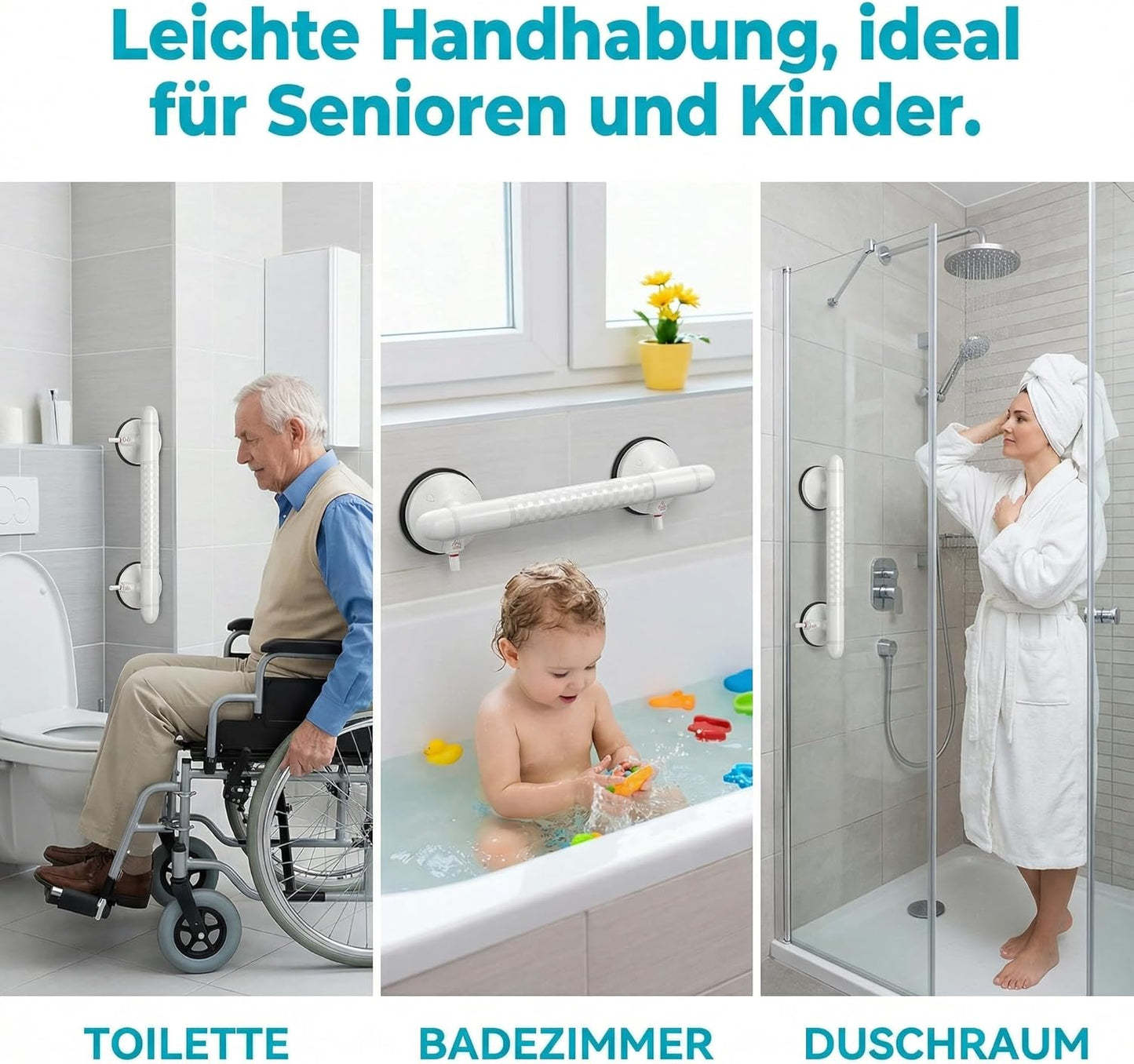 Duschgriff mit Saugnapf und Warnanzeige, Kurz Weiss