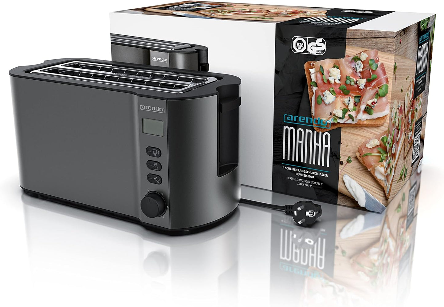 Langschlitztoaster Manha mit Brötchenhalter und 6 Bräunungsstufen, A: Cool Grey