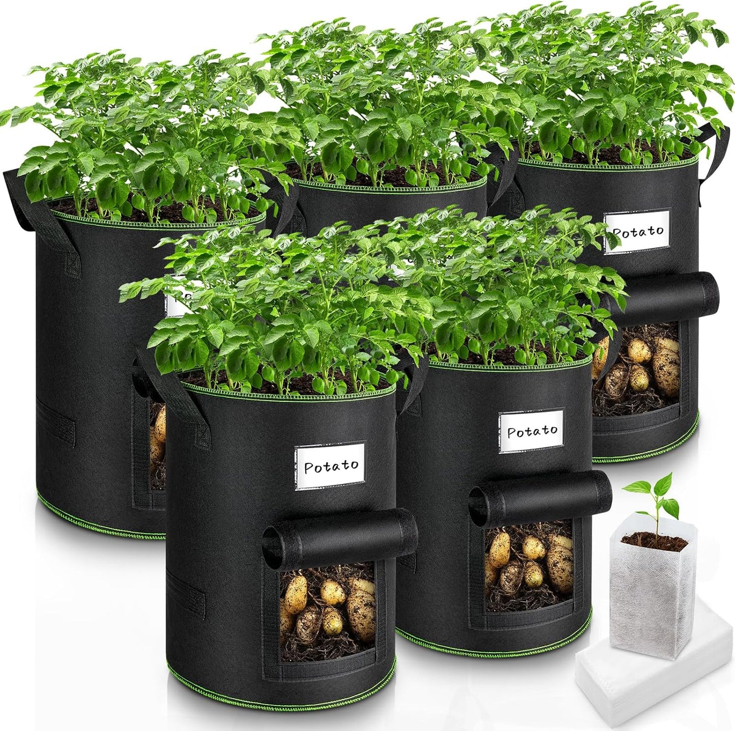 Pflanzsack-Set mit Sichtfenster, 5 Stück, 40L mit 60Pcs klein Pflanzbeutel