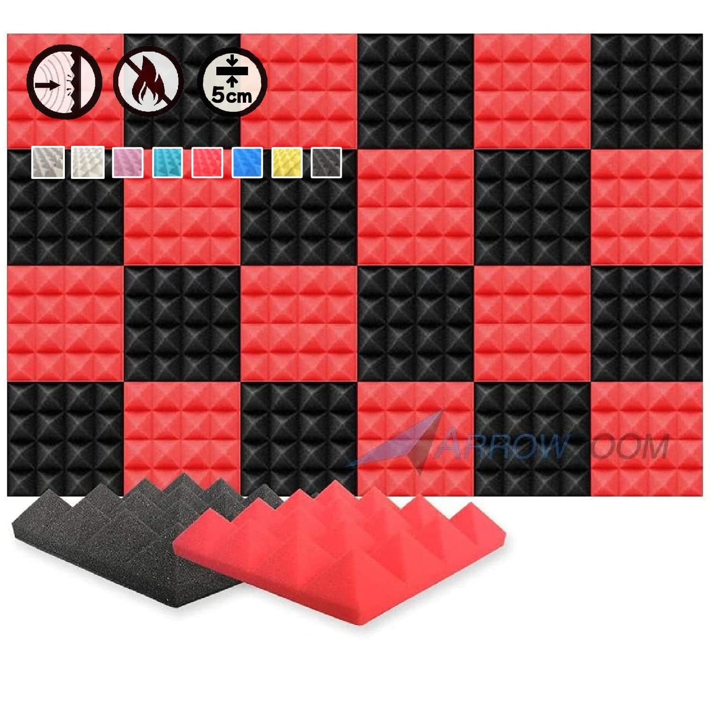 Akustikschaumstoffmatten, 25 x 25 x 5 cm Rot / Schwarz