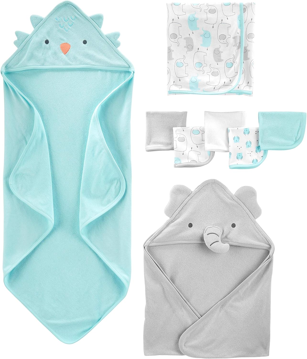8-teiliges Handtuch- und Waschlappen-Set mit Vogel- und Elefant-Motiven, Einheitsgröße Aquablau/Grau