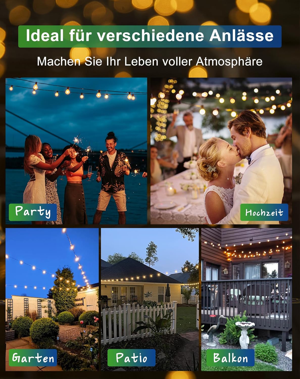 Erweiterbare LED Lichterkette mit 15 Glühbirnen, Strom-7.6M