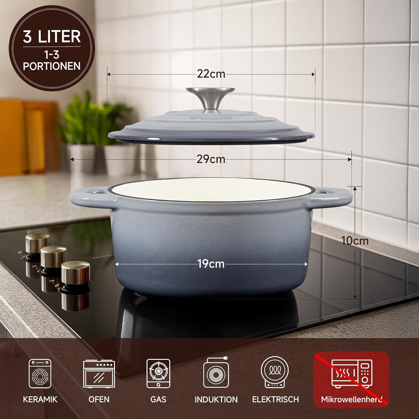 Schmortopf mit Deckel & Topflappen, 22cm/3L Grau