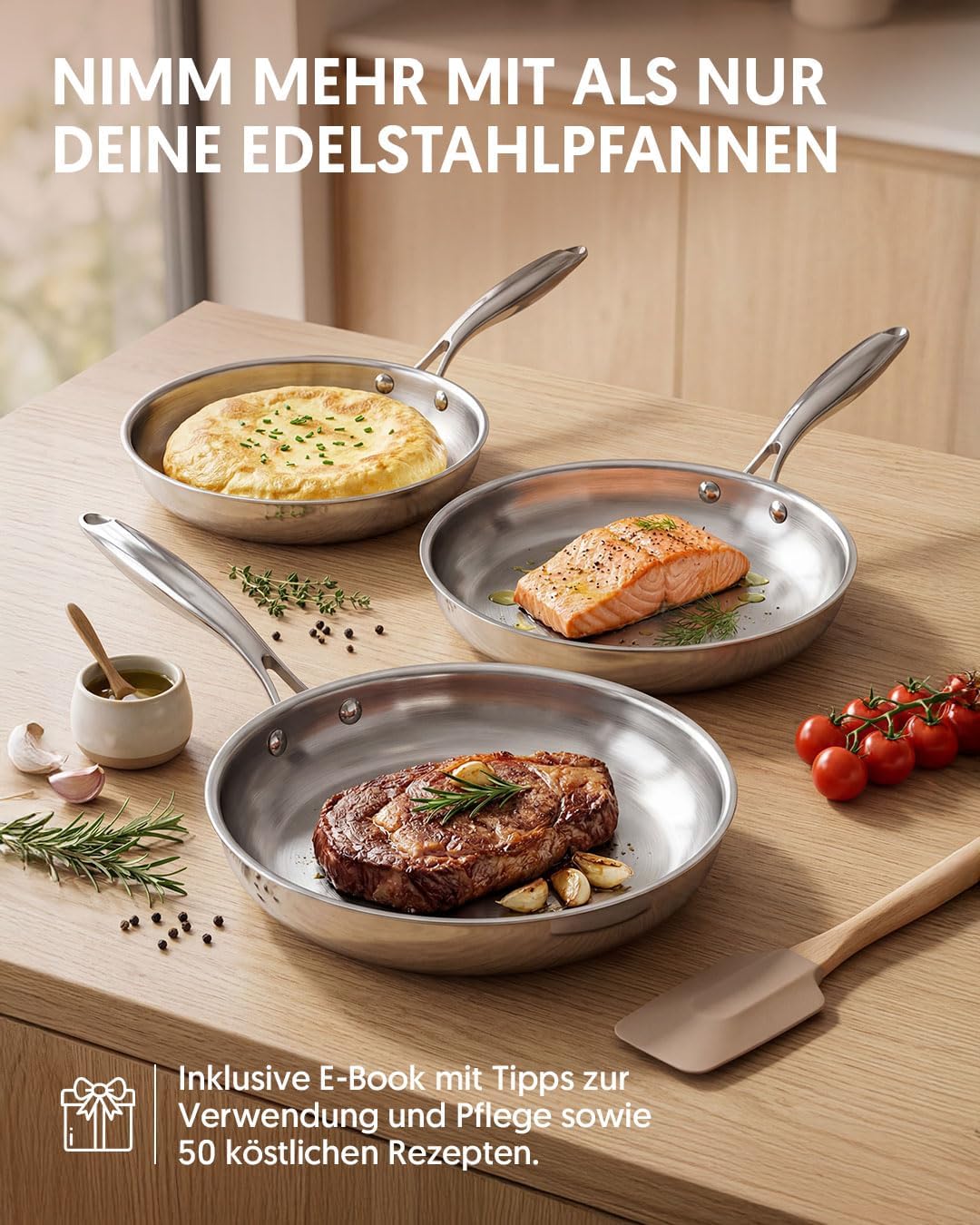 Pfannenset aus Edelstahl (3-teilig, induktionsgeeignet), Set mit 3 Pfannen