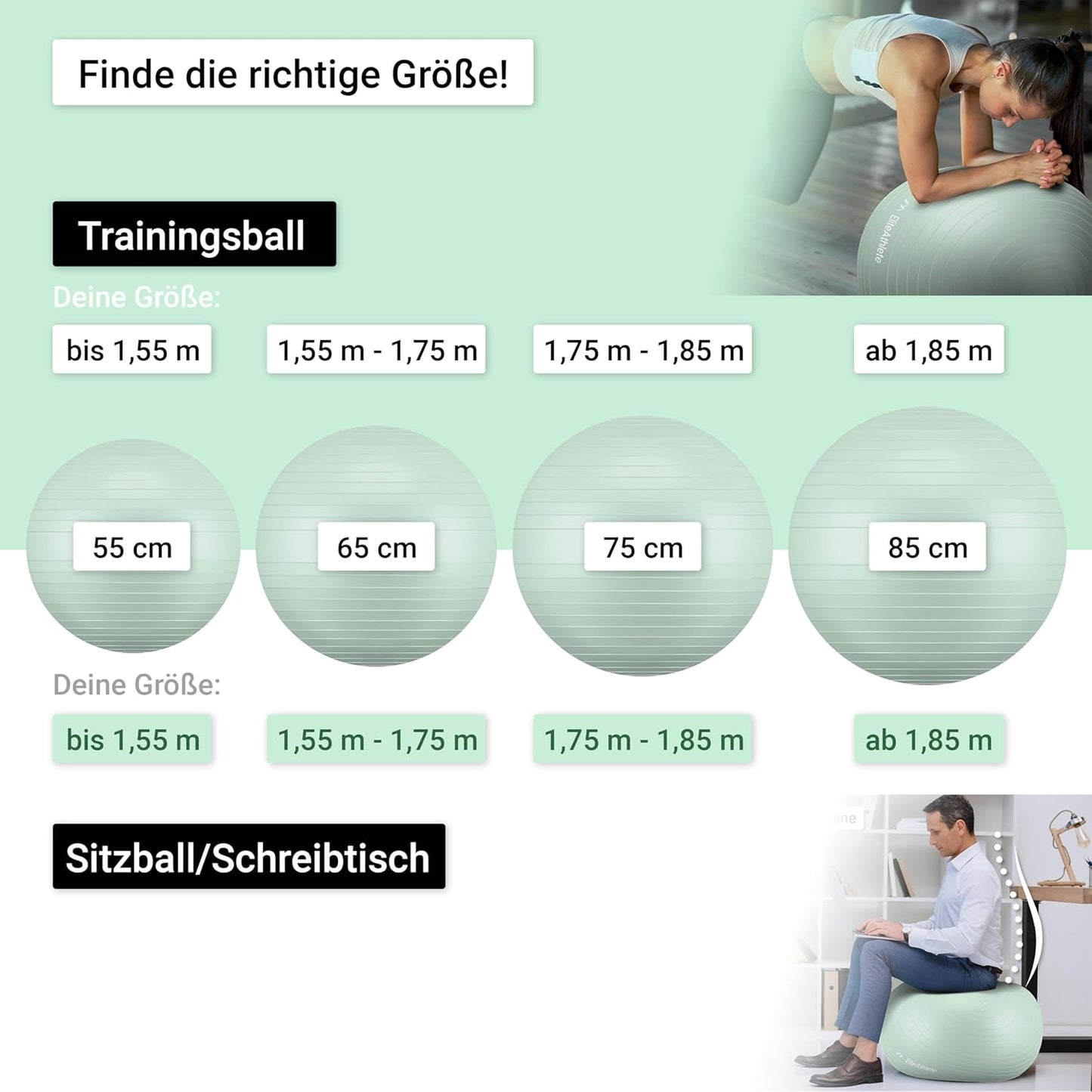 Ergonomischer Gymnastikball mit Anti-Burst-System 75cm, Pastell Mint 75cm