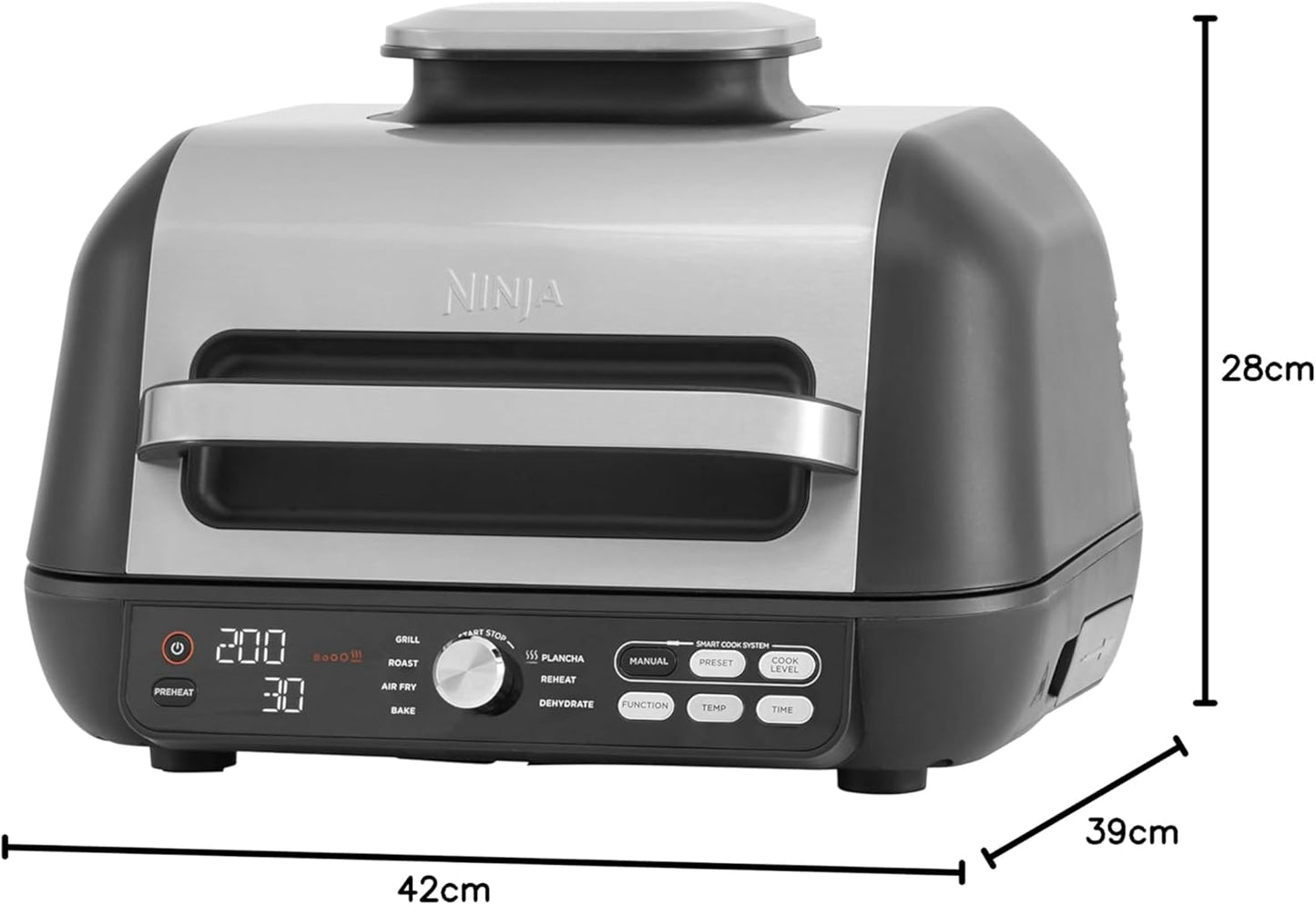 Foodi MAX PRO Grill mit Plancha Flat Grill Plate & Airfryer, MAX PRO Grill & Heissluftfritteuse, 3,8L, Schwarz/Silber
