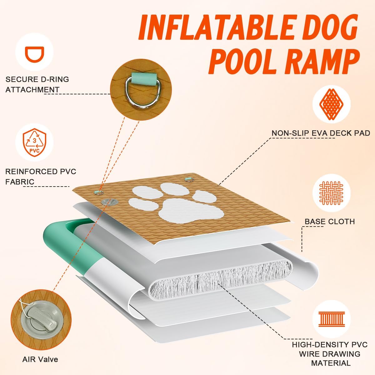 Aufblasbare Hunde-Wasserrampe bis 100 kg, 150x100x15cm Orange