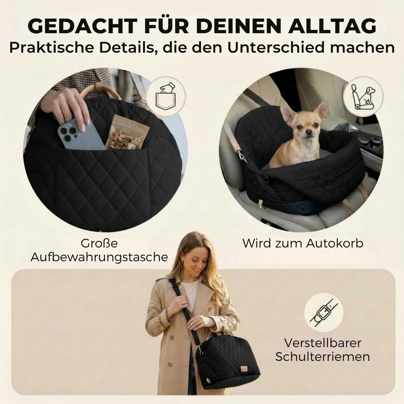 Hundetransporttasche fürs Auto mit Sicherheitsleine, Schwarz