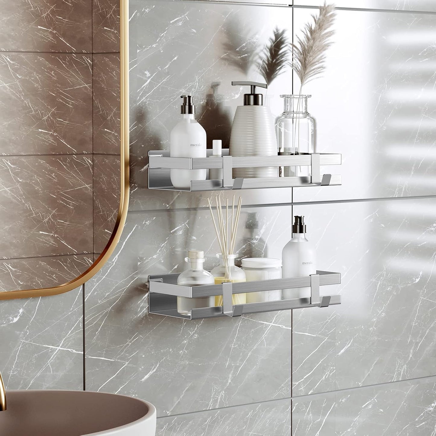 2-teiliges Duschablage-Set mit 6 Haken, ohne Bohren, Silber