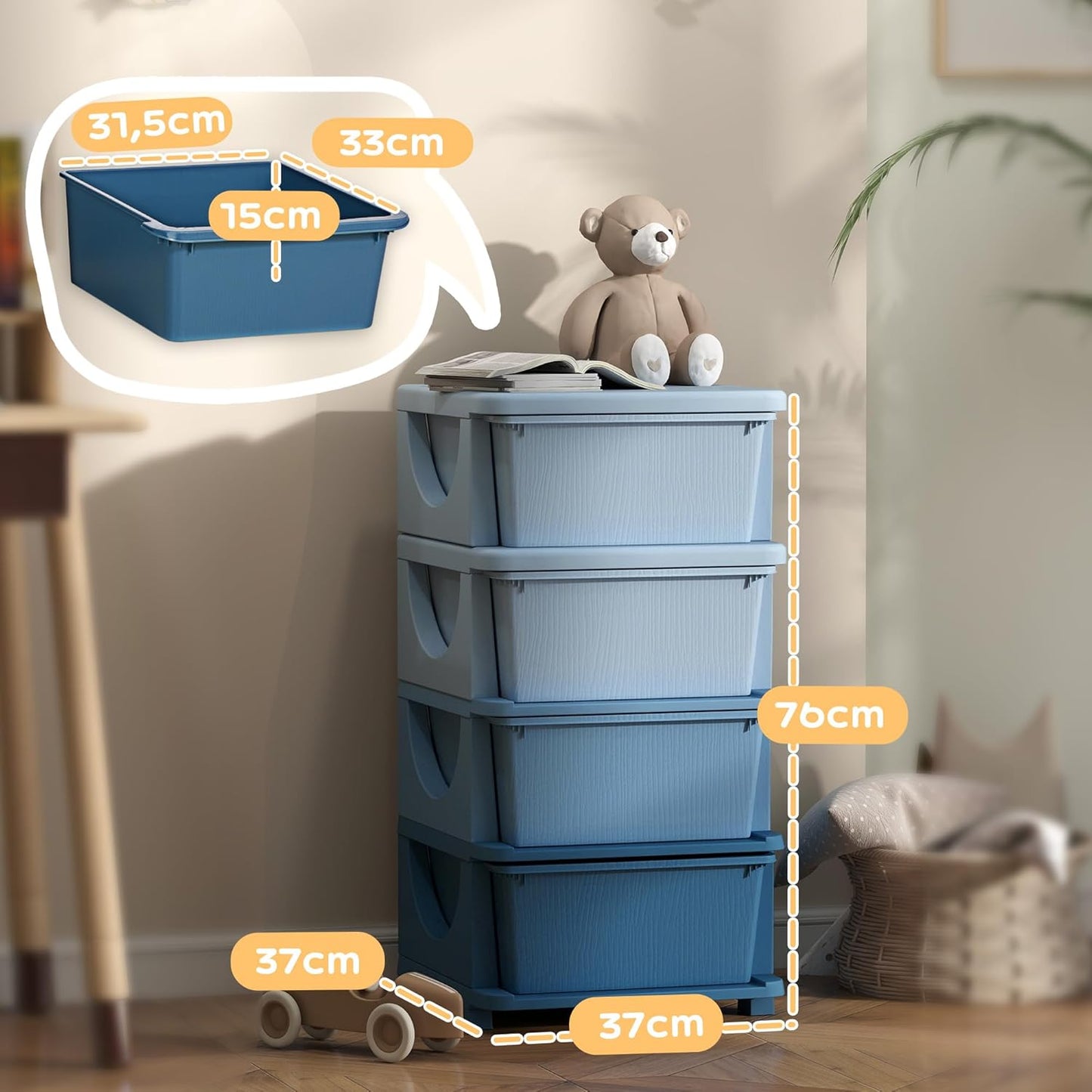 Schubladenschrank, 37L x 37B x 76H cm Blau