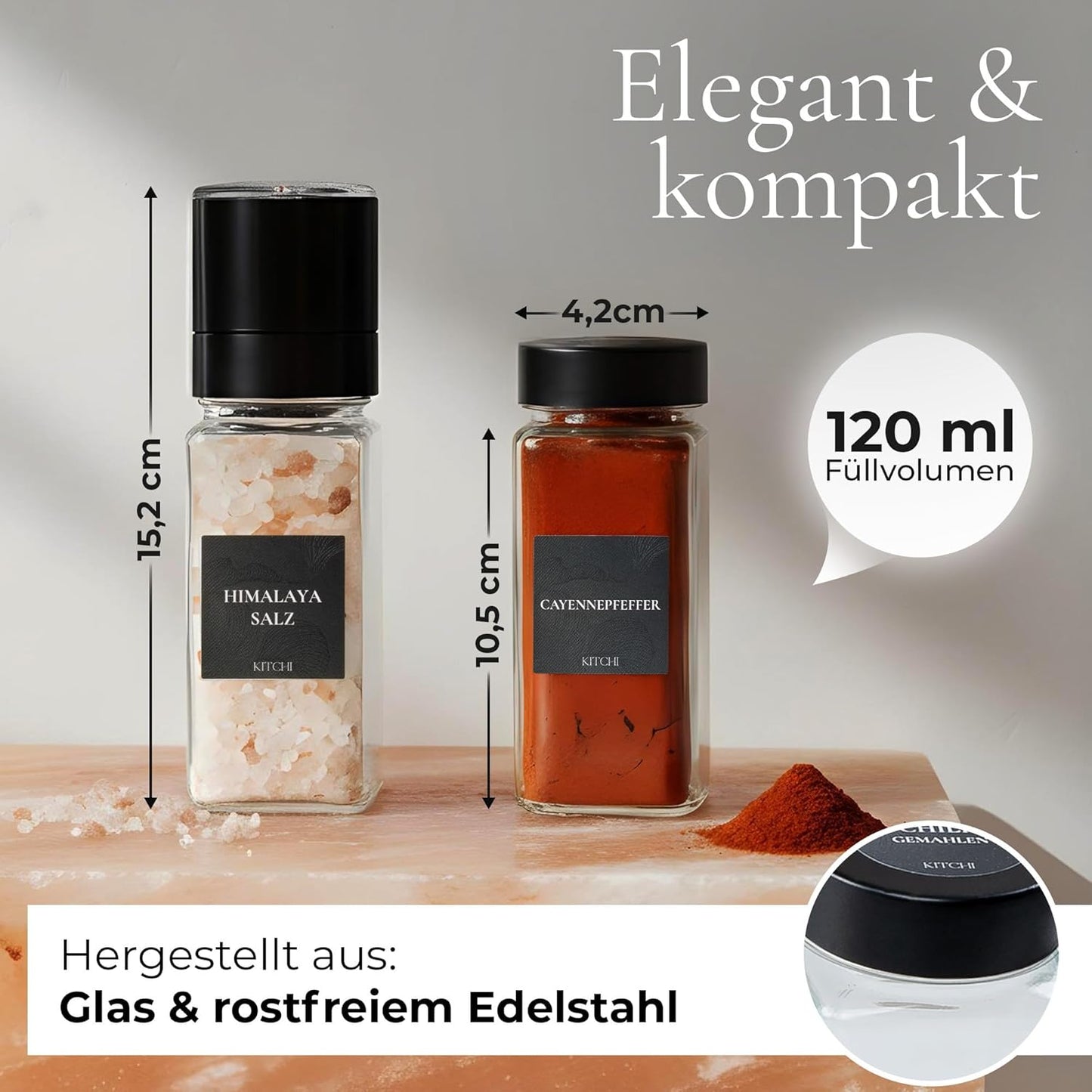 Gewürzgläser-Set mit Mühlen, Schwarz + 2 Mühlen
