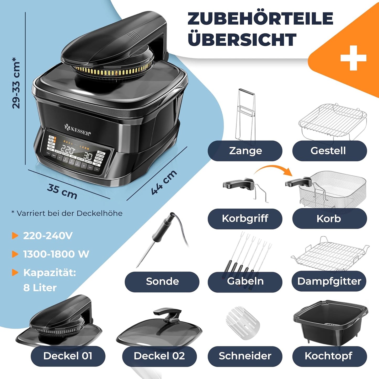 Multikocher mit Heissluftfritteuse, Schwarz