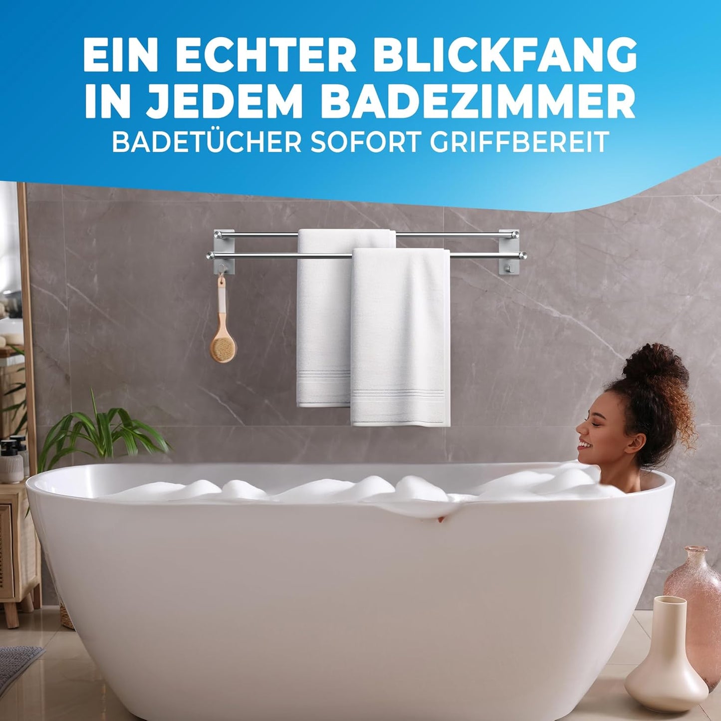 Handtuchhalter doppelt ohne Bohren, selbstklebend 60cm, 60cm Silber